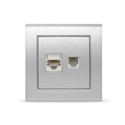 Розетка компьютерная+телефонная  UNIVersal  Бриллиант  с/у,1А,RJ45,RJ12,серебро(евросло, - фото 28256