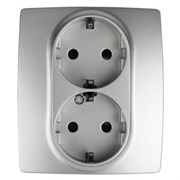 12-2104-03 ЭРА Розетка 2X2P+E Schuko со шторками,16A-250В, IP20, Эра12, алюминий